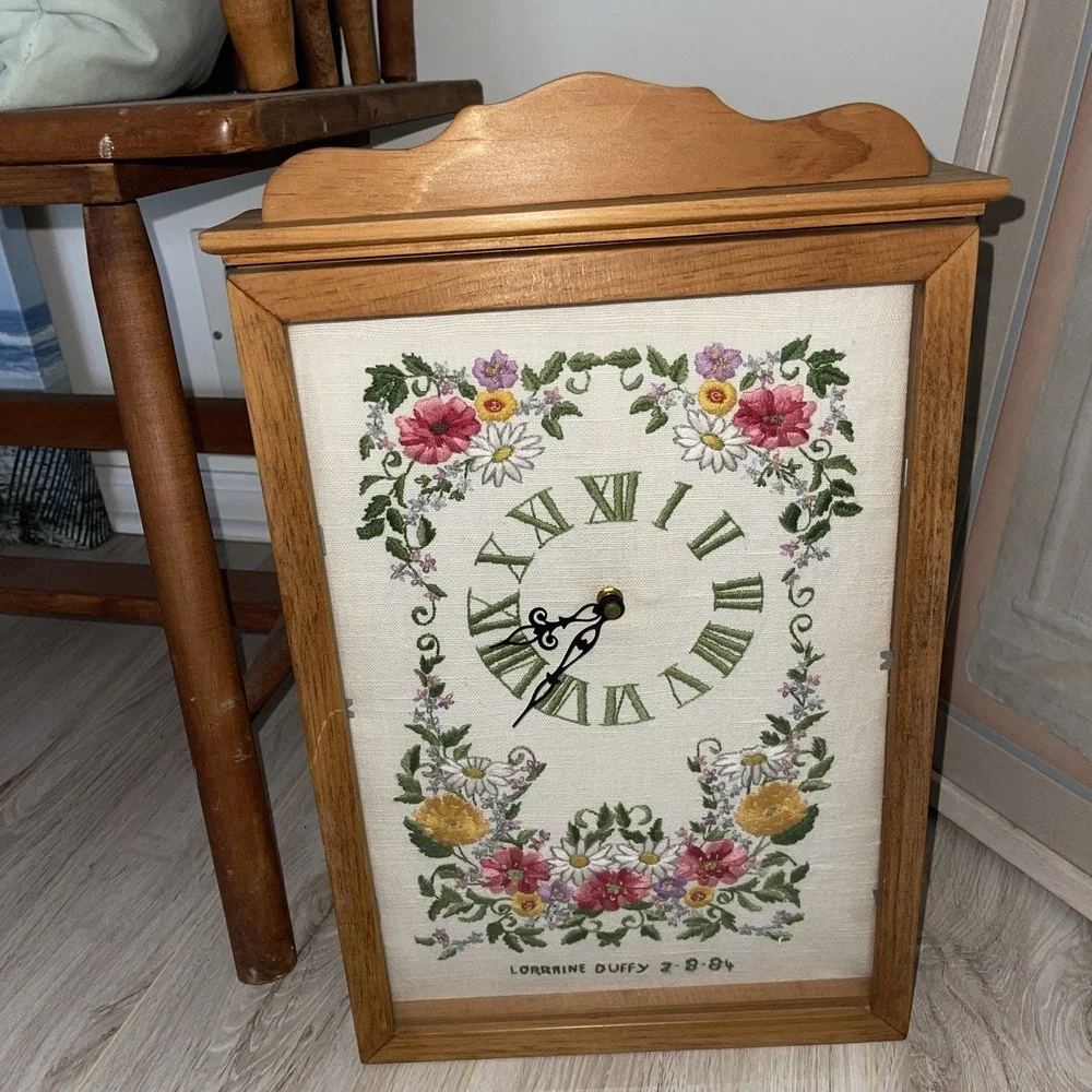 Hand Made Cross Stitch Clock In Wood Shadow Glass Box Plug-In 10.5